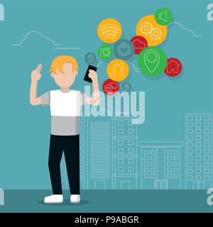 Young man and smartphone Stock Vector