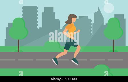 Woman Running on Road in City Park. Vector. Stock Vector