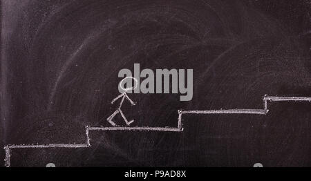 Success concept. Stick man going up the ladder drawing, isolated, on a blackboard. Stock Photo