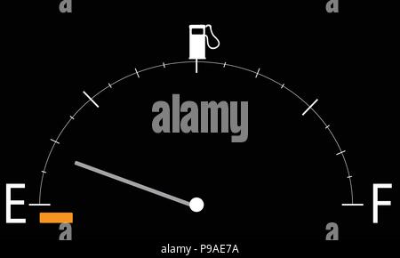 Illustrated automotive gas gauge indicating low tank with orange light on black. Stock Vector