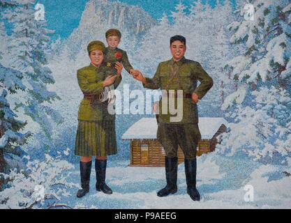 Happy Family. Kim Il-sung and his wife Kim Jong-suk with son Kim Jong-Il. Museum: Monument in Pyongyang. Stock Photo
