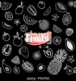 Hand drawn sketch style set of exotic fruits isolated on black background. Vector illustration. Stock Vector