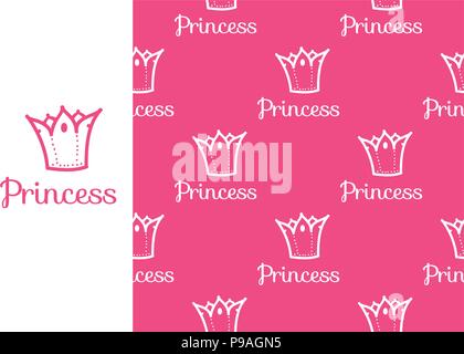 Vector Princess Crown. Seamless repeating pattern isolated on pink background. Modern Design for Girls Stock Vector