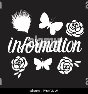 Information. Vector inscription lettering calligraphy white isolated on black background. Stock Vector