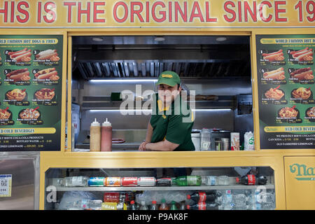 Posed portrait of an Egyptian young man selling food from a Nathan's mobile cart on 42nd Street in Midtown Manhattan, New York City. Stock Photo