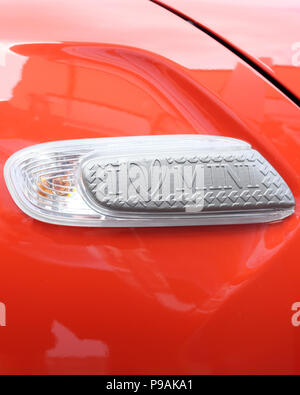 July 2018 - Details and close up of a bright red BMW Mini - Goodwood, Festival of Speed. Stock Photo