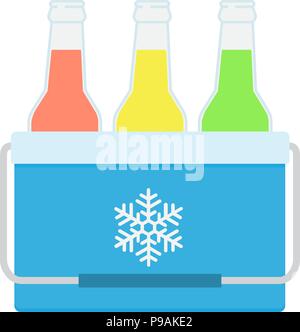 Freezer-bag in blue color. Vector illustration of drinks in a small refrigerator. Cooler bag. Isolated vector illustration on white background. Stock Vector