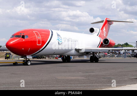 Boeing 727 operated by Oil Spill Response. Farnborough Airshow, the biennial trade aviation show running 16th-22nd July, opened today to the press. The latest civil and military aircraft designs were seen in both the static and flying displays, with a heavy presence from Airbus and Boeing, as well as Embraer, Lockheed, and Mitsubishi amongst many others. Trade stands showing the latest aerospace developments and product lines from a wide range of aerospace companies complemented the aircraft on display. Credit: Antony Nettle/Alamy Live News Stock Photo