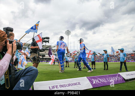 Emerald Headingley, Leeds, UK. 17th July 2018. 17th July 2018 , Emerald Headingley, Leeds, 3rd ODI Royal London One-Day Series, England v India;Rohit Sharma of India and Shikhar Dhawan of India  walk out to bat first Credit: News Images /Alamy Live News Stock Photo
