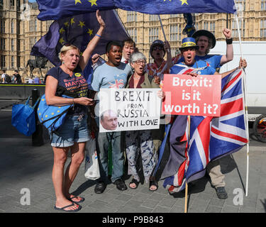 Westminster, 17th July 2018. Labour MEP Julie Ward chats to and poses with anti-Brexit demonstrators from SODEM (Stand Of Defiance European Movement, a daily protest outside Parliament organised by activist Steve Bray. Credit: Imageplotter News and Sports/Alamy Live News Stock Photo