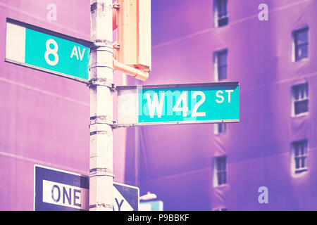 Manhattan West 42 Street and 8th Avenue street name signs, color stylized picture, New York City, USA. Stock Photo