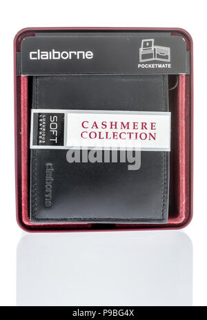 Winneconne, WI - 7 June 2018: A package of a Clariborne cashmere collection mens wallet on an isolated background. Stock Photo
