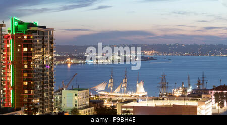 San Diego Maritime Museum, San Diego Harbor, and Little Italy at sunset in springtime, California, USA. 'America's Finest City'. Stock Photo