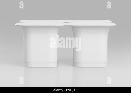 Blank pack of four yogurt  packaging. Mockup dessert plastic container isolated on white background with clipping path. 3d render Stock Photo