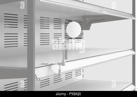 Closeup of empty refrigerator showcase shelves with blank label. 3d render Stock Photo