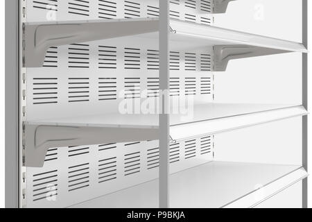 Closeup of empty refrigerator showcase shelves. 3d render Stock Photo