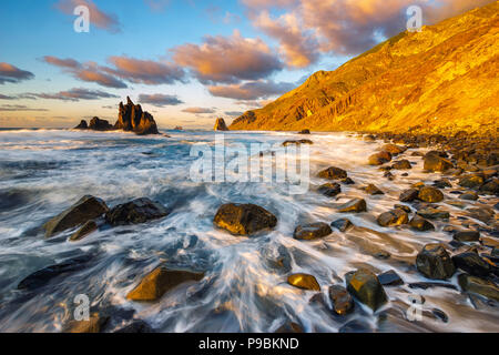 beautiful sunset on the ocean beach, Benijo beach, Tenerife Stock Photo