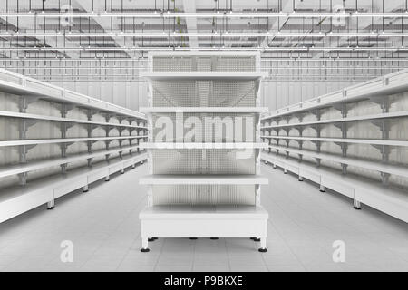 Store interior with empty supermarket shelves. 3d render Stock Photo