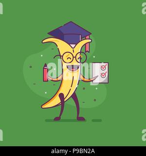 Funny cartoon banana graduate character holding paper with perfect exam. Humanized vegetable poster. Smiling student fruit in graduation hat with glas Stock Vector