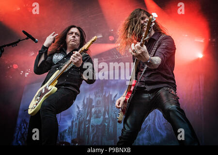 Swedish heavy metal band HammerFall on stage at the 2015 Copenhell Metal festival. Stock Photo