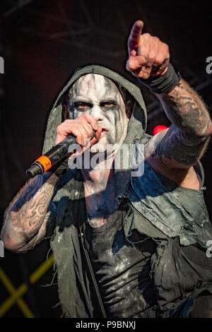 Irish extreme metal band Primordial performs at the 2015 Copenhell Metal    Festival. Here vocalist Alan 'Nemtheanga' Averill Stock Photo