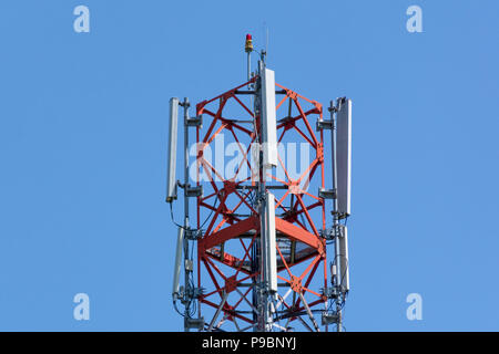 Telecommunications equipment on blue sky background. Directional mobile phone antenna dishes. Wireless communication concept. Close up Stock Photo