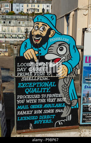Looe Cornwall England July 12, 2018 Sign outside a fishmonger's shop Stock Photo