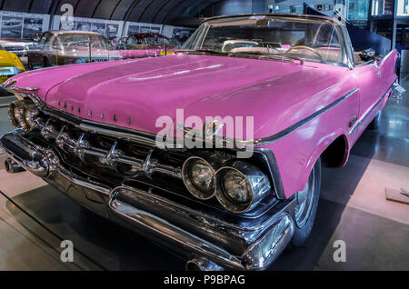 Athens, Attica / Greece. Robert Plant's pink Chrysler Imperial Crown 1959 in Hellenic Motor Museum Stock Photo