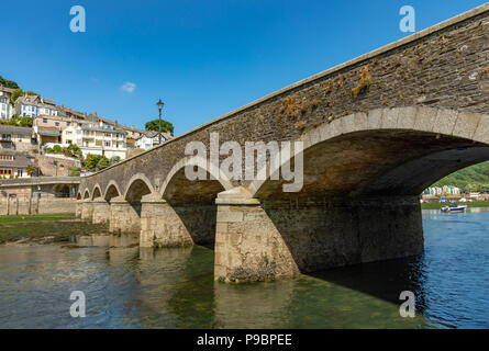 Looe Cornwall England July 12, 2018 Bridge across the East Looe River joining East and West Looe Stock Photo