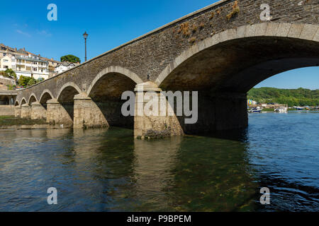 Looe Cornwall England July 12, 2018 Bridge across the East Looe River joining East and West Looe Stock Photo