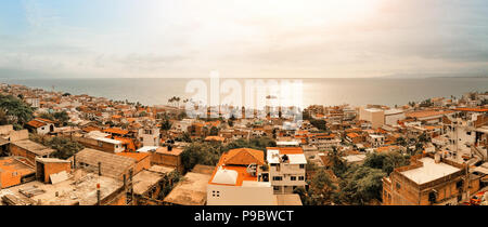 Panorama of Puerto Vallarta, famous resort town on the Pacific coast of Mexico, in the state of Jalisco. The image was taken in July 2018. Stock Photo