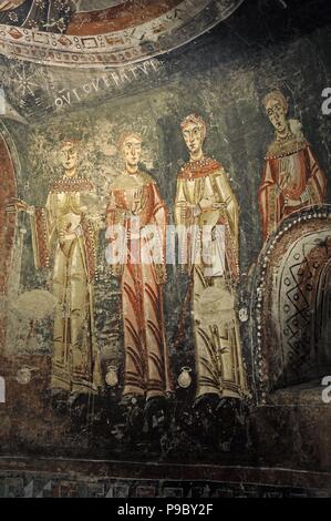 Circle of Master of Pedret. Fresco depicting the Parable of the Wise and Foolish Virgins. Detail of the Foolish Virgins. End of 11th century - early 12th century. From the Southern apse of the Church of Sant Quirze of Pedret, Cercs. National Art Museum of Catalonia. Barcelona. Catalonia. Spain. Stock Photo