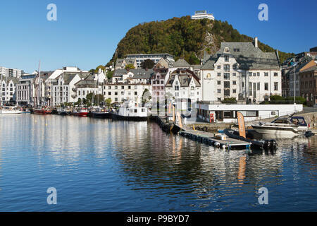 Alesund, Norway - September 23, 2017: Alesundet Canal and the Fjellstua Viewpoint on top of Mount Aksla in Alesund, Norway. Stock Photo