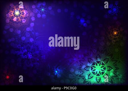 Dark blue abstract background with mandala and snowflake Stock Vector