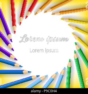 Yellow background with circle of colored rainbow pencils Stock Vector