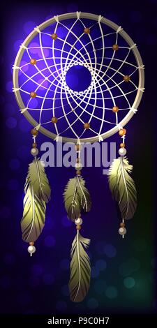 Ethnic American Dreamcatcher on blue abstract background Stock Vector