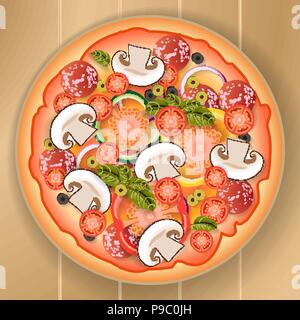 Pizza mushrooms tomato onion olives bell pepper basil Stock Vector