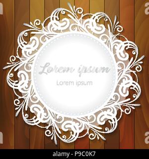 Round white lace pattern on wooden background Stock Vector