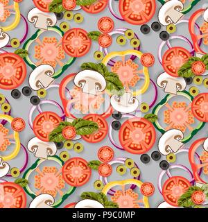 Seamless pattern vegetables mushrooms olives pepper salad pizza Stock Vector