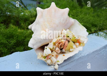 Freshly made conch salad outdoors setting. Stock Photo