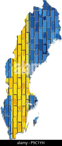 Map of the Swedish with flag inside - Illustration,  Sweden map on a brick wall,  Abstract grunge Swedish flag in brick style Stock Vector
