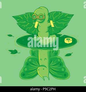"Dreams" Digital Art Illustration (Vector based) Caterpillars dream to be a butterfly and build wings with leaf Stock Vector