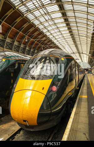 Front of a new Class 800 electro diesel train in London Paddington railway station. It is operated by Great Western Railway and built by Hitachi. Stock Photo