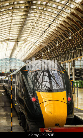 Front of a new Class 800 electro diesel train in London Paddington railway station. It is operated by Great Western Railway and built by Hitachi. Stock Photo