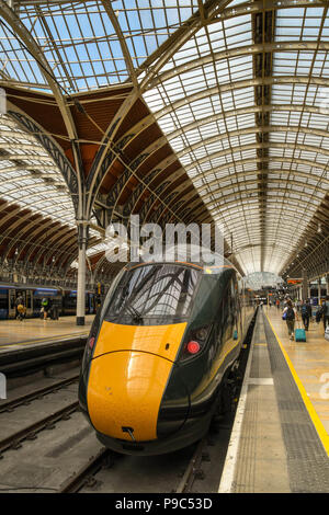 Front of a new Class 800 electro diesel train in London Paddington railway station. It is operated by Great Western Railway and built by Hitachi. Stock Photo