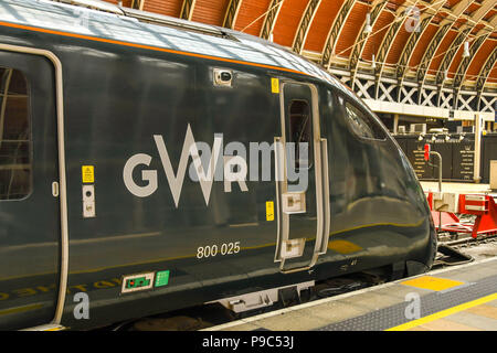 Front of a new Class 800 electro diesel train in London Paddington railway station. It is operated by Great Western Railway and built by Hitachi. Stock Photo