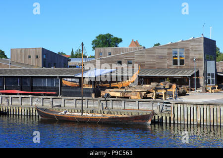 Reconstruction of a Skudelev 3, a small Viking age trading ship at the ship building yard of the Viking Ship Museum in Roskilde, Denmark Stock Photo