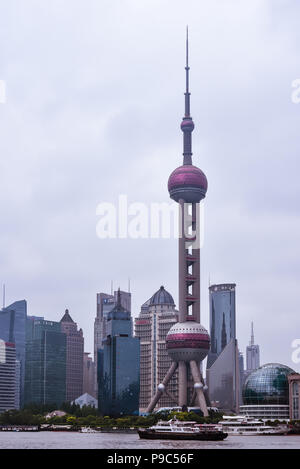 New Pudong, Shanghai/China - Apr. 24, 2018: Oriental Pearl Radio & TV Tower on a cloudy day, Shanghai, China. Stock Photo