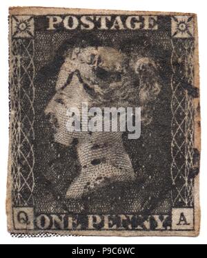 One Penny Black, the world's first postage stamp. Museum: PRIVATE COLLECTION. Stock Photo