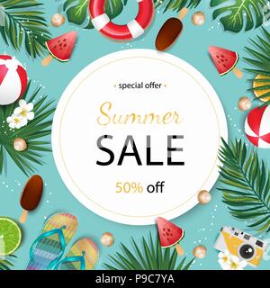 Summer banner design with white circle for text and colorful beach elements. Stock Vector